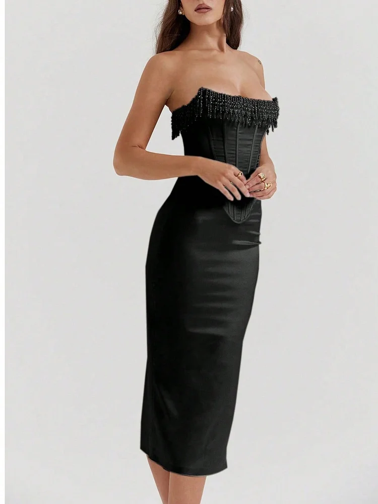 Sexy Sleeveless Off-Shoulder Pearl Beaded Strapless Party Dress