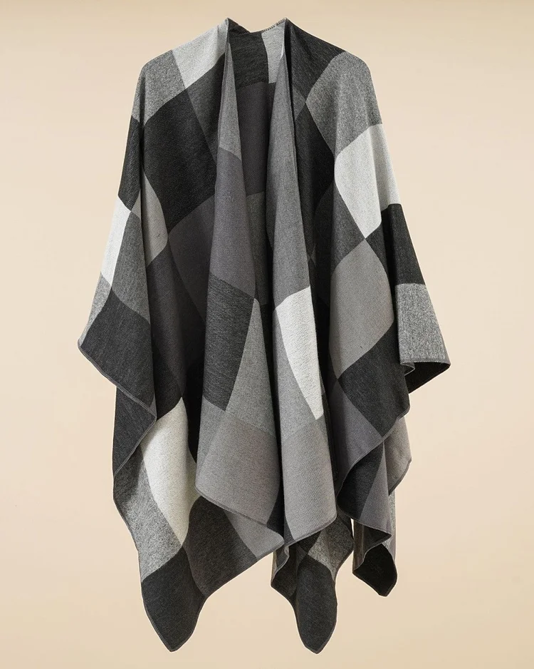 Women's Dark Grey Plaid Casual Cape Shawl