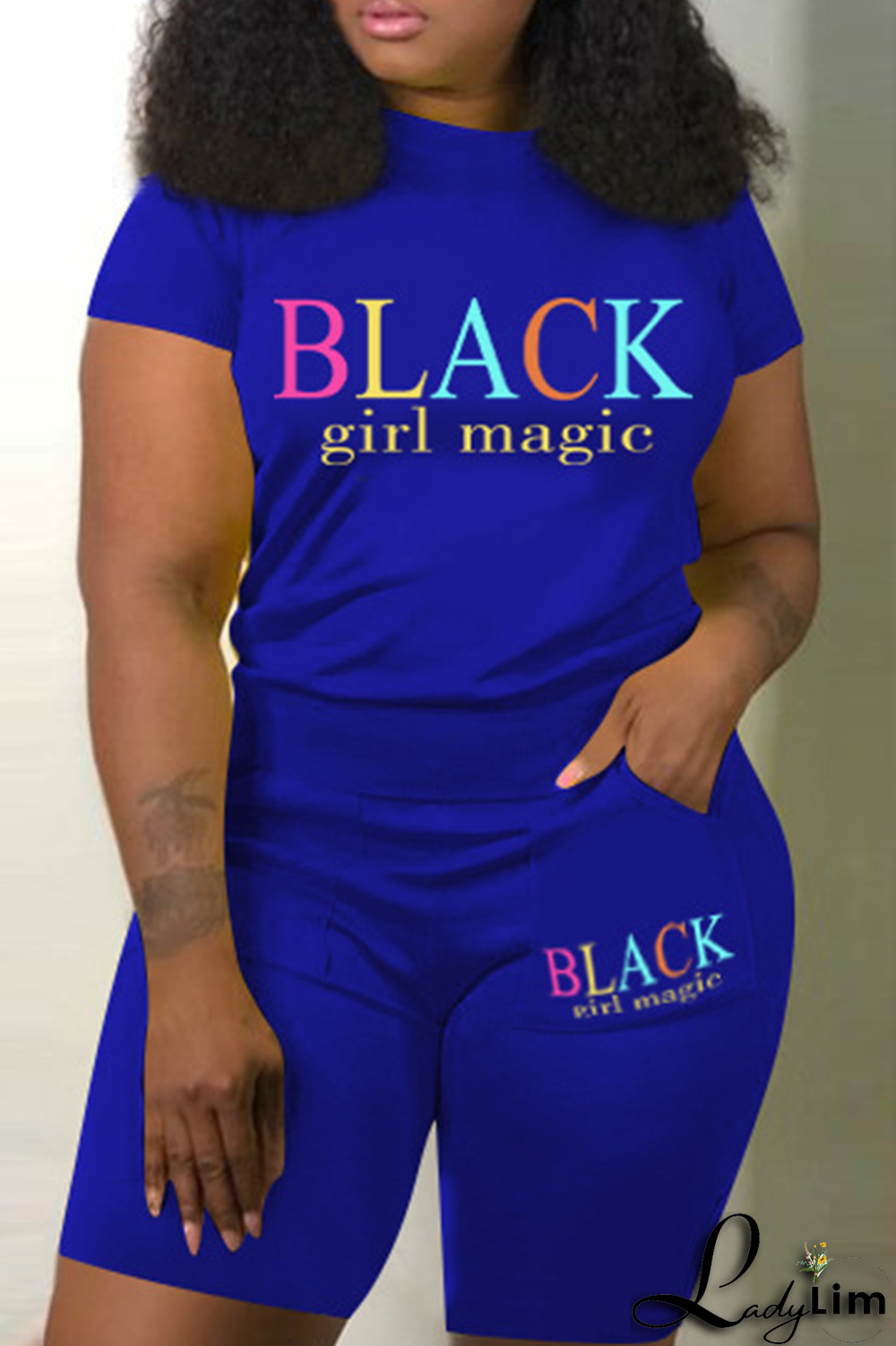 Blue Casual Print Split Joint O Neck Short Sleeve Two Pieces