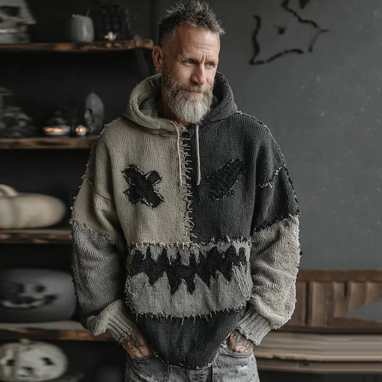 Men's Halloween Spooky Face Colorblock  Hooded Cozy  Top