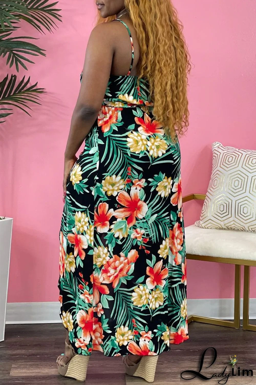 Green Sexy Casual Print Bandage Backless V Neck Sling Dress