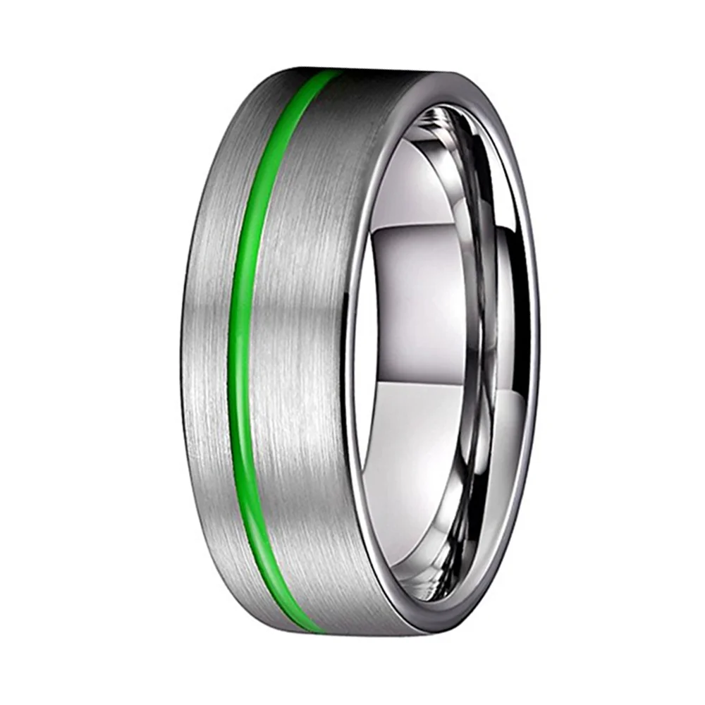 4MM 6MM 8MM Thin Green Grooved Brushed Finish Gray Tungsten Carbide Mens Rings