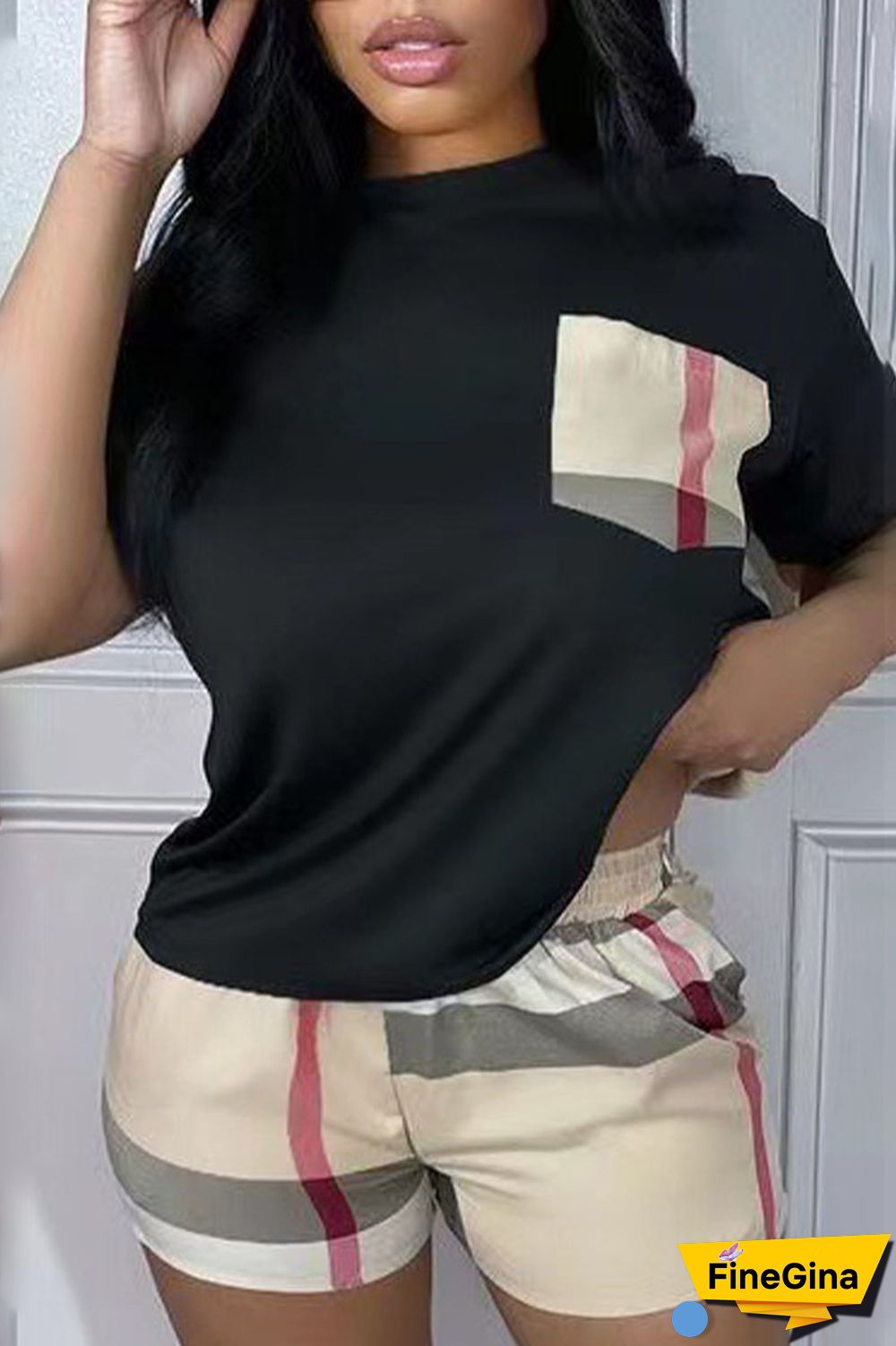 Black Casual Print Patchwork Pocket Contrast O Neck Short Sleeve Two Pieces