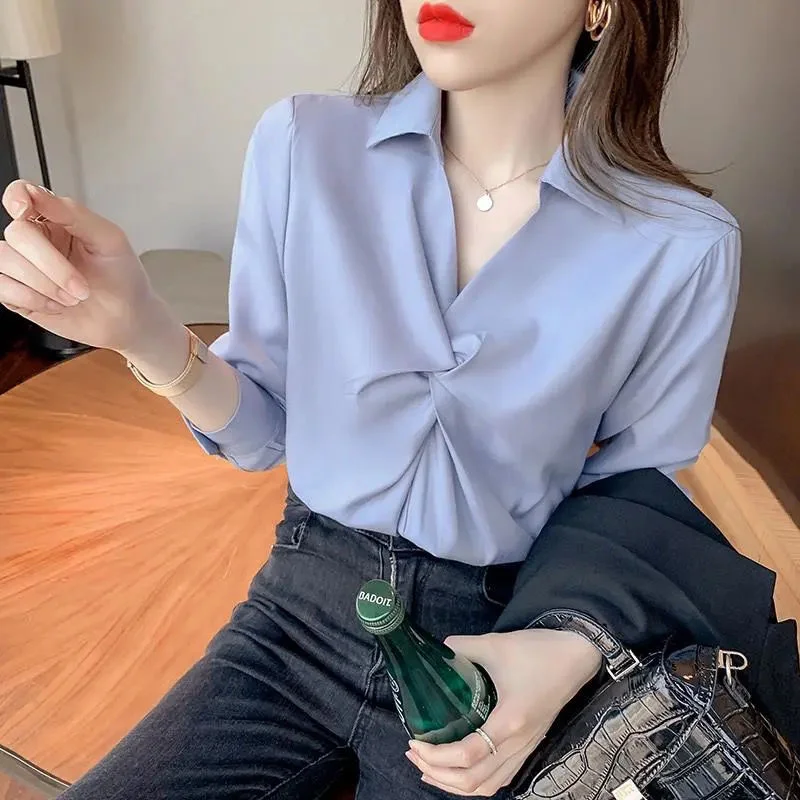 Elegant Half Open V-Neck Folds Chiffon Women's Shirts 2022 Spring New Office Lady Casual All-match Loose Commuter Blouses Female