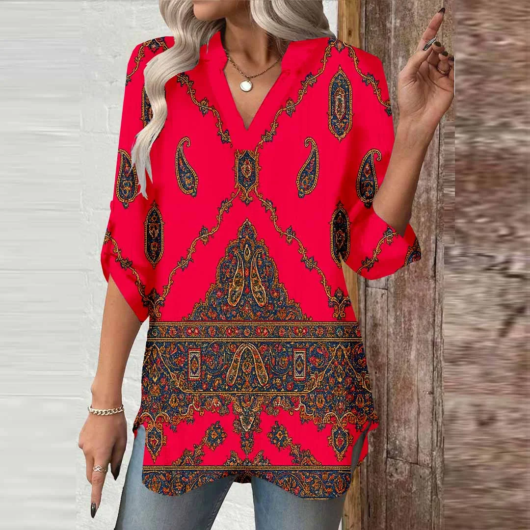 Women Retro, Red, Brown DZGA0409 3/4 Sleeve V-neck Printed Graphic Button Tops