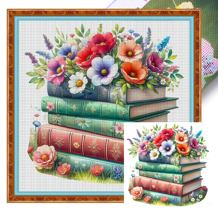 Flowers And Books (50*50cm) 11CT Stamped Cross Stitch gbfke