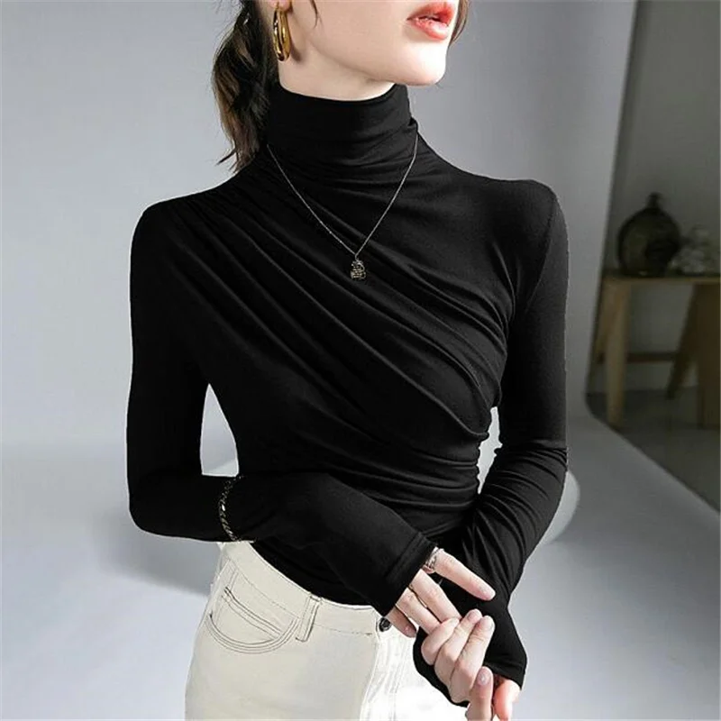 Fashion Elastic T-shirt Ladies Tees Pleated Stretch Jumpper Top Turtleneck Bottoming Red Net Pullover Women's Basic Casual Tees