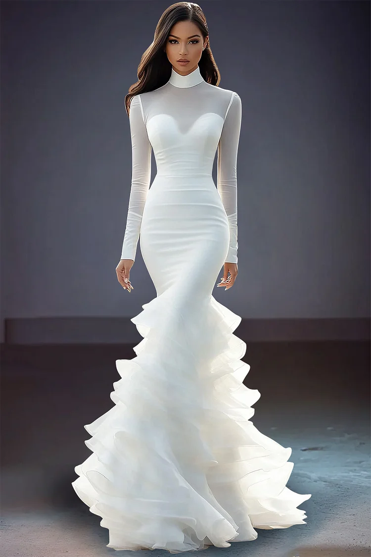 Mesh Long Sleeve Tiered Fishtail Maxi Dress-White [Custom-Made]