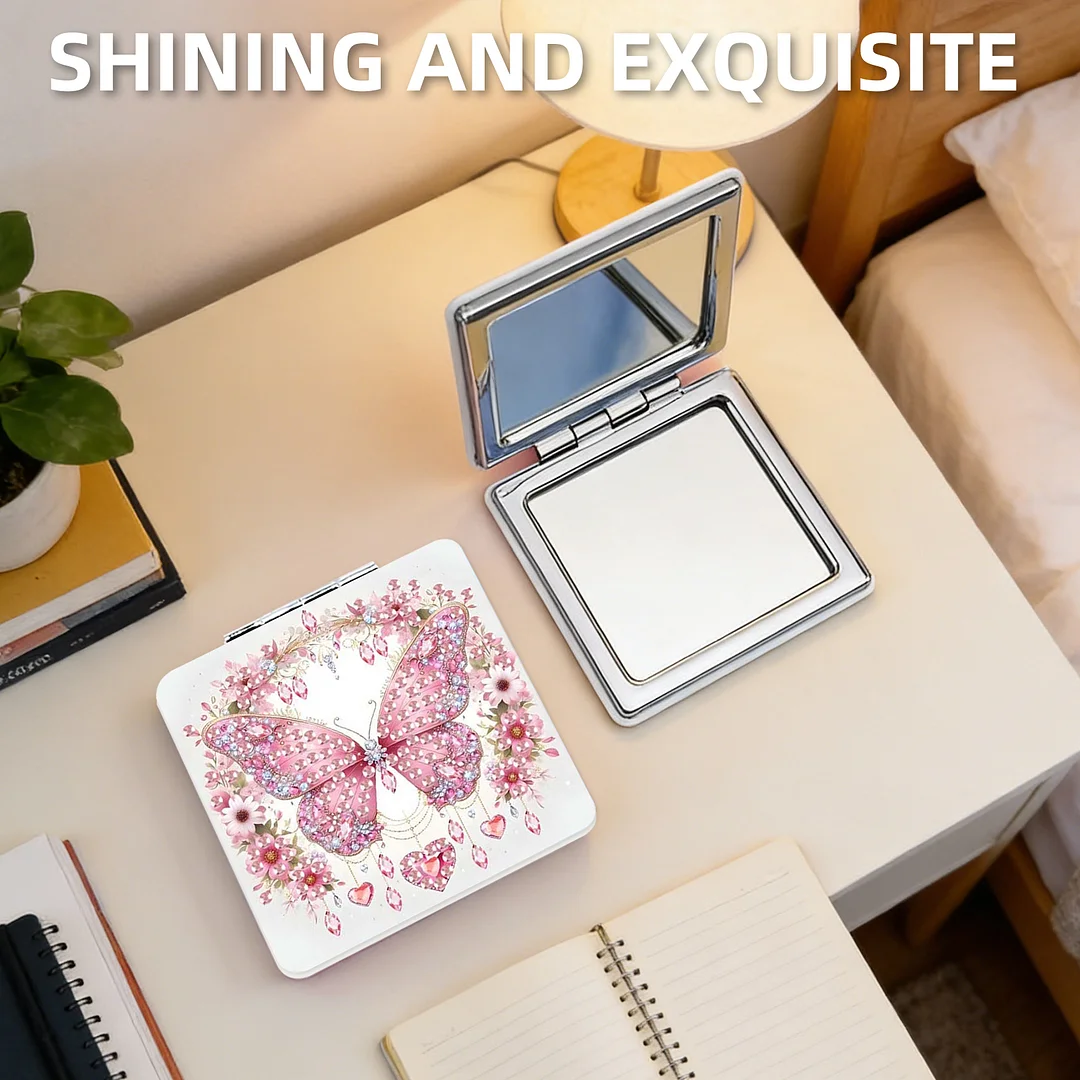 Pink Butterfly DIY Special Shaped Diamond Painting Compact Mirror Kits Diamond Art Painting Pocket Mirror for Beginners Adults Art Craft Woman Gifts
