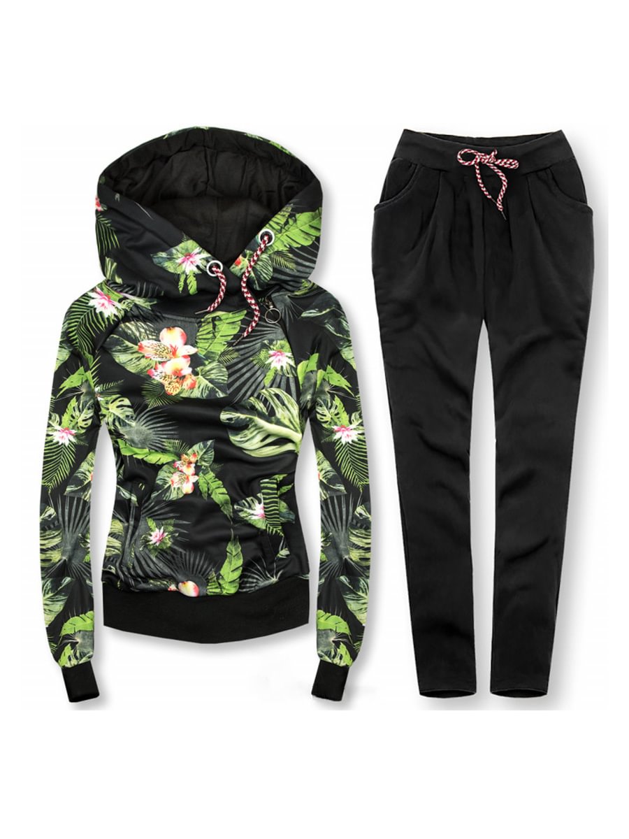 Women's Solid Zip Leaf Print Hoodie Set