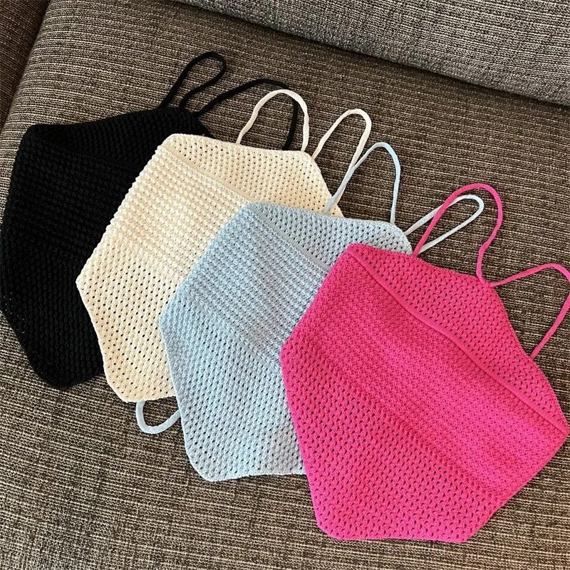 Uveng Uveng French Hanging Neck Sling Female Feel Back Knitted Solid Color Vest Outside Wearing Bra Sleeveless Top Tide