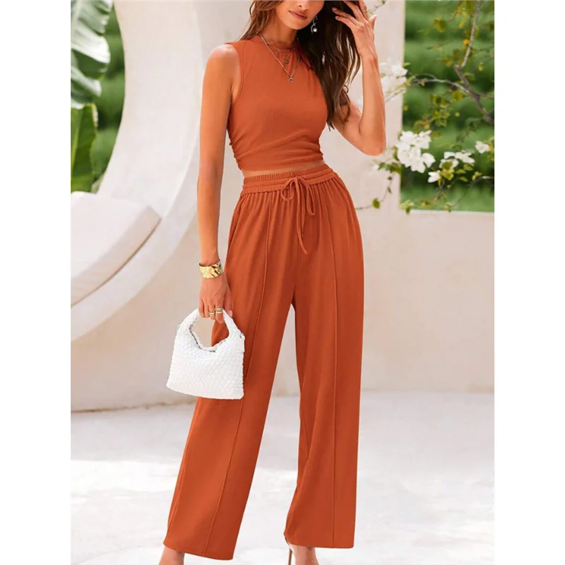 Athvotar Athvotar Summer Knitting Casual Suit Sleeveless Round Collar Short Repair Body Broad Leg Pants Two Sets