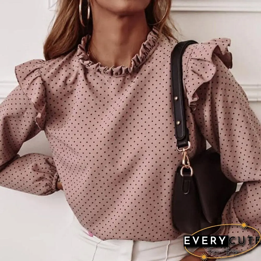 Elegant Print Ruffle Buttons Shirt Blouse Women Neck Pullover Tops Blusa Spring Autumn