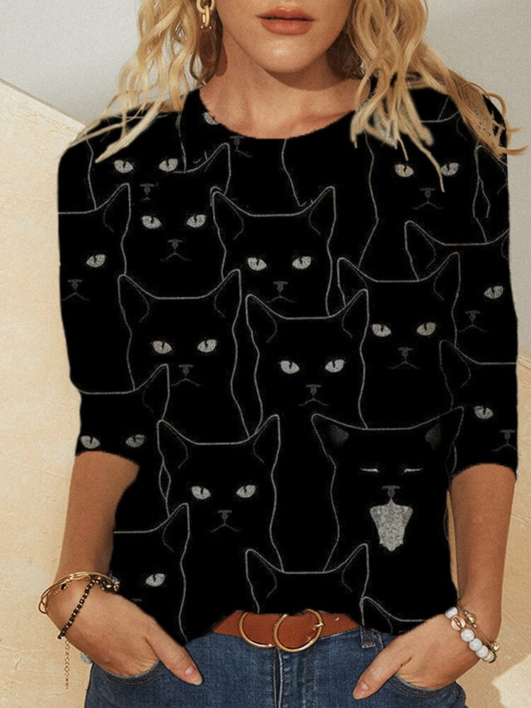 Cartoon Cat Print O neck Long Sleeves Casual T shirt For Women P1788203