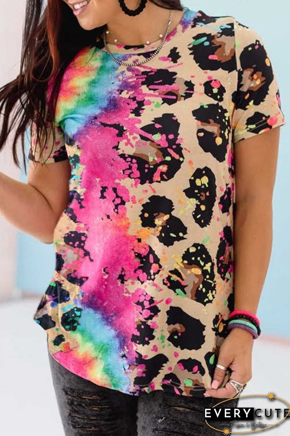 Multicolor Leopard Tie Dye Splicing T-shirt