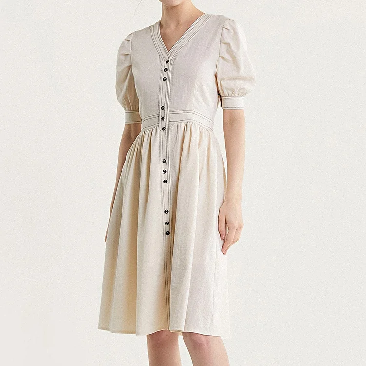 Ivory Contrast Stitch Lantern Sleeve V-Neck Midi Dress QueenFunky
