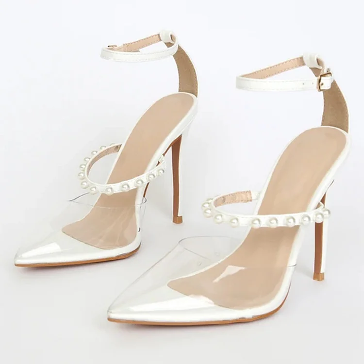 White Pointy transparent Pumps Pearls Shoes Stiletto Strappy Heels |FSJ Shoes