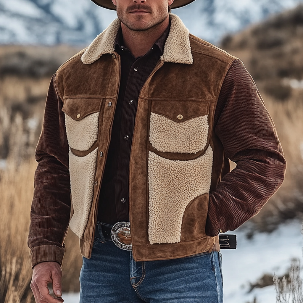 Men's Vintage Corduroy Suede Patchwork Fleece Fur Lapel Collar Outdoor Bomber Jacket-inspireuse