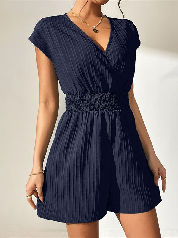 Elasticity Pleated Solid Color Split-Joint Loose Raglan Sleeve V-Neck Rompers