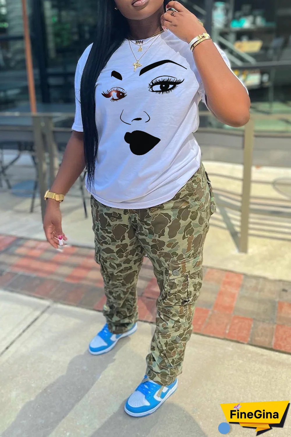 Navy Blue Casual Street Print Patchwork O Neck T-Shirts