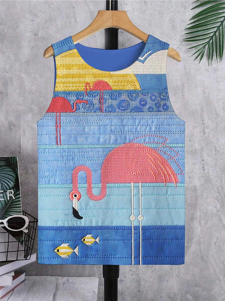 Men's Vacation Style Flamingos Embroidery Art Print Tank Top