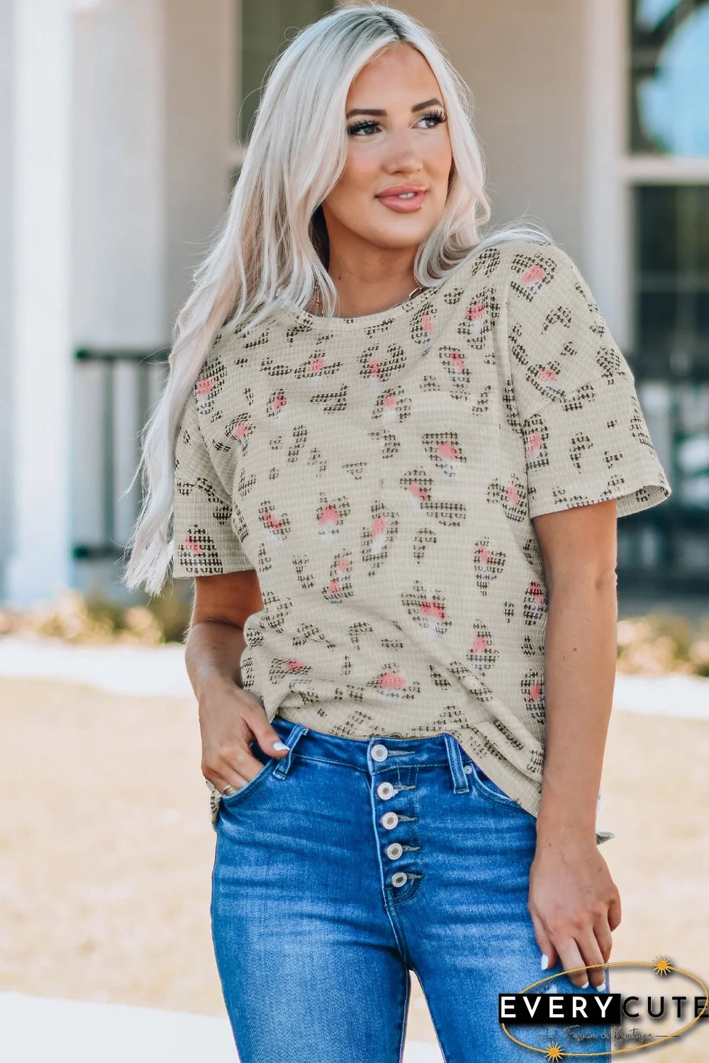 Leopard Waffle Knit Short Sleeve Top