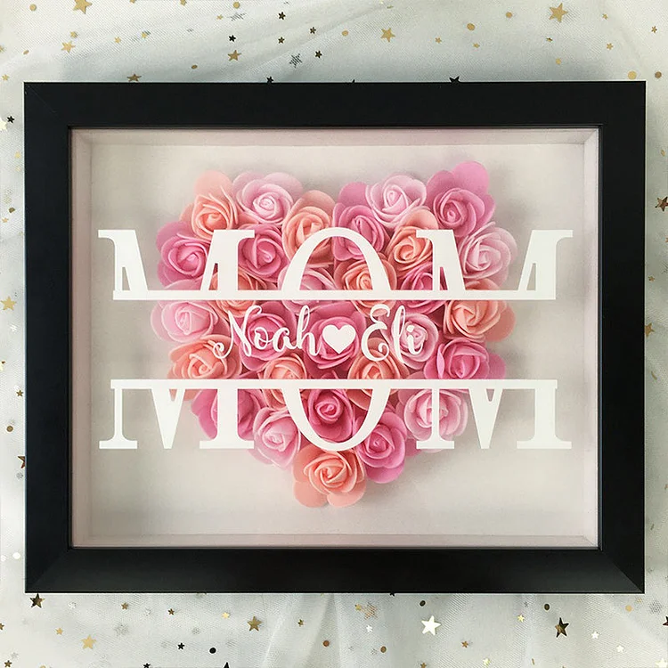 Personalized Flower Heart Shadow Box , Custom Name Rose Frame , Flower Shadowbox For Mom , Wood Flower Frame