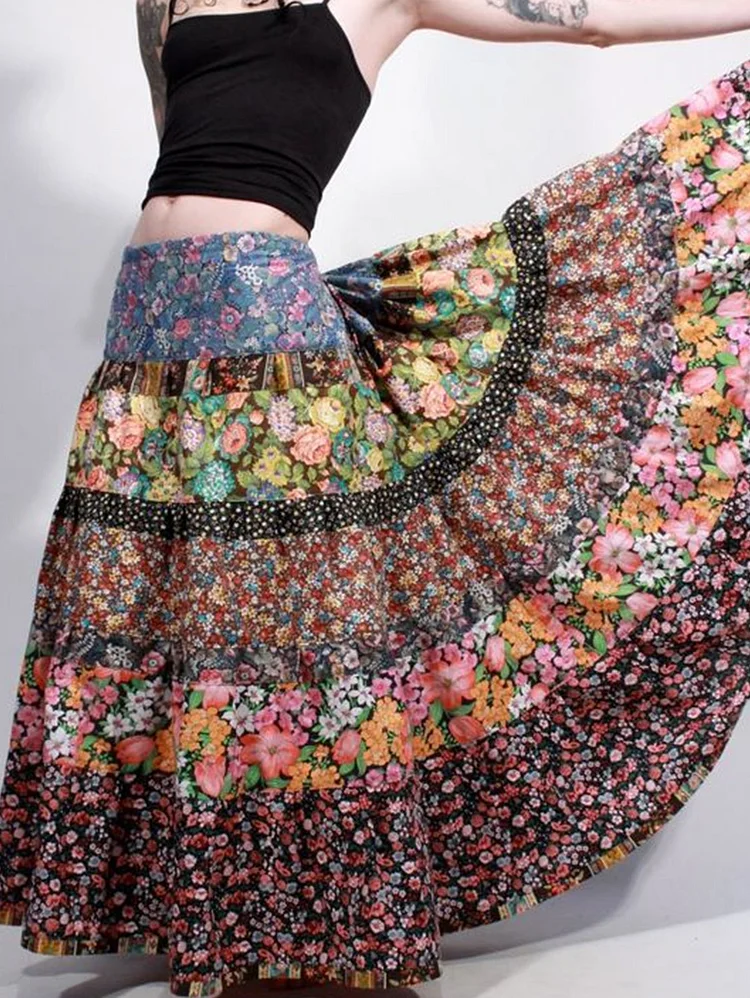 Bohemian Floral Patchwork Big Swing Maxi Tiered Skirt