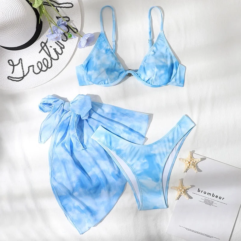 Peachtan Tie dye bikini 2021 Skirts 3 pieces set Push up swimsuit women Underwired swimwear female Sexy bathing suit beach wear