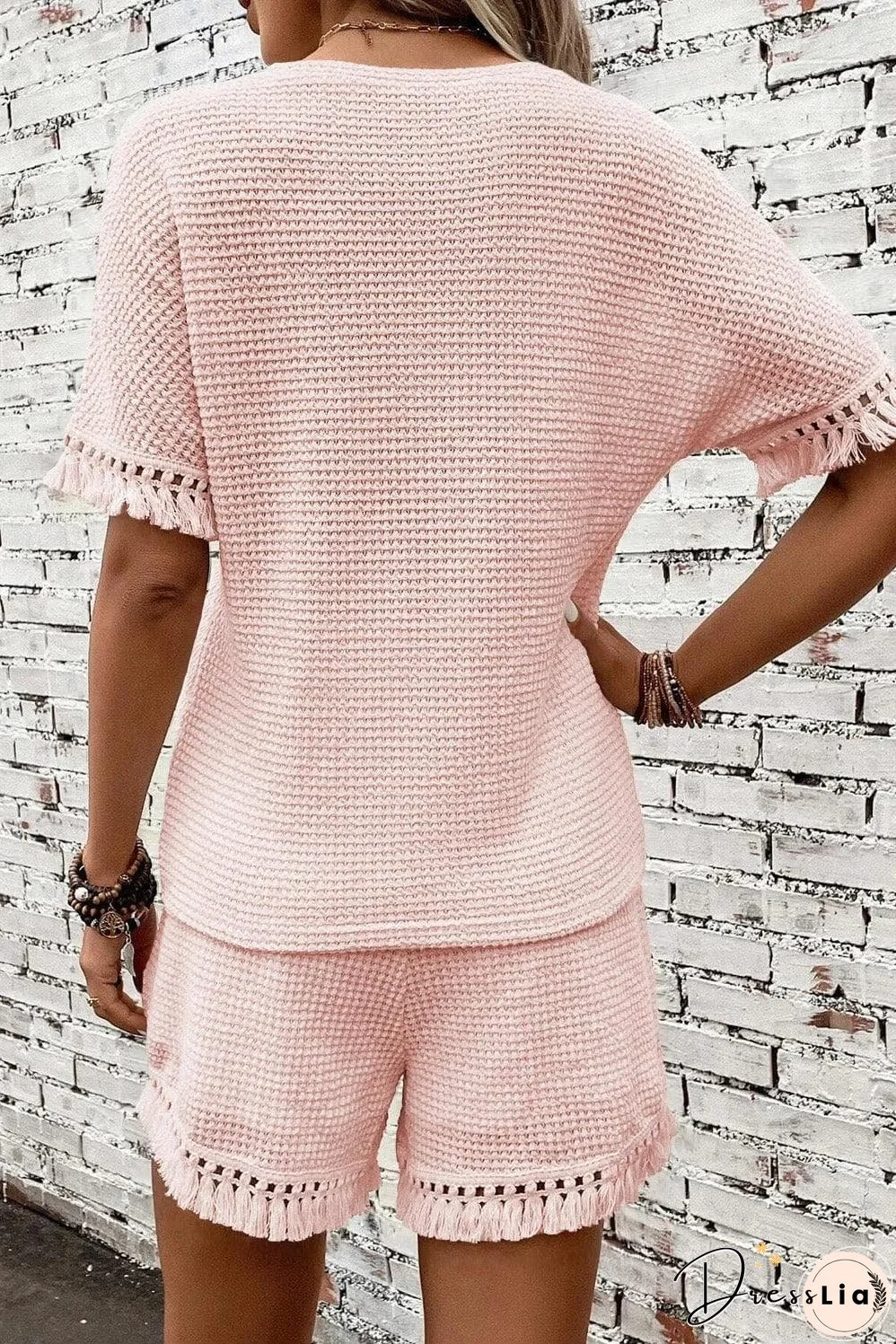 Pink Fringe Trim Textured Short Two Piece Set