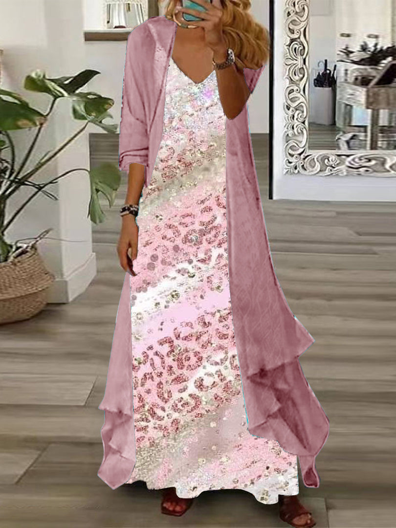 Women Half Sleeve V-neck Solid Color Dress