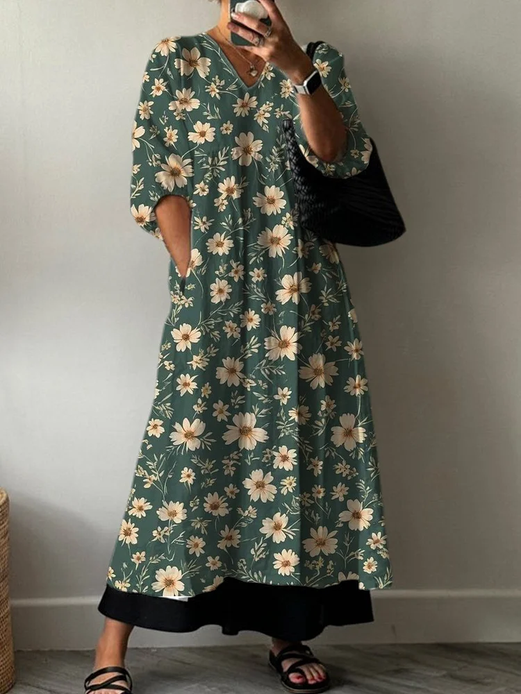 Women's Green Flowers Print Pocket V-neck Cotton Dress