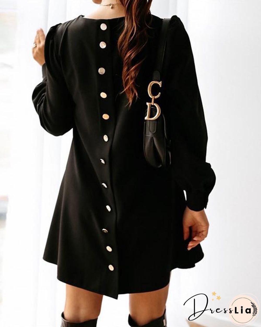 Elegant Women Metal Buttoned Mini Dress Casual Spring O Neck Party Dress
