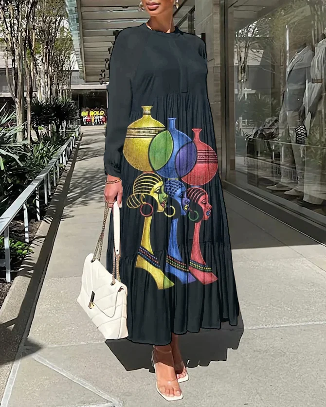 Retro Girl Illustration Long Sleeve Casual Dress