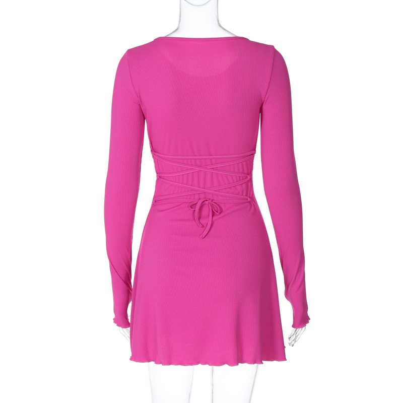 Ootddress Bandage Ruffled High Waist Mini Dress For Women Long Sleeve Fashion Lace-Up Solid Patchwork Autumn 2025 Bodycon Dress New