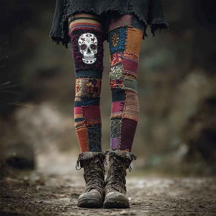 Halloween Skull Vintage Patchwork Cozy Knit Leggings