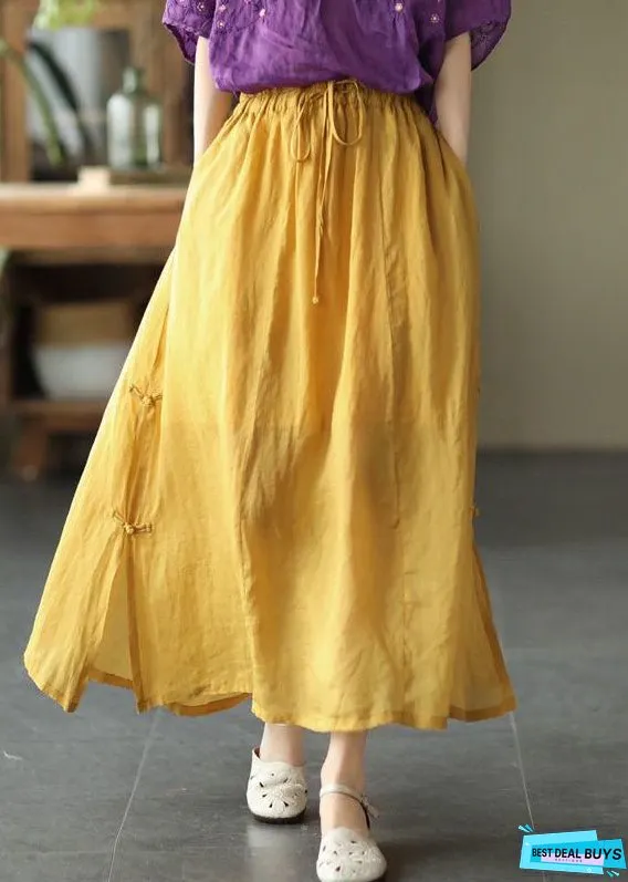 Women Blue Cinched Pockets Chinese Button Patchwork Cotton Skirts Summer