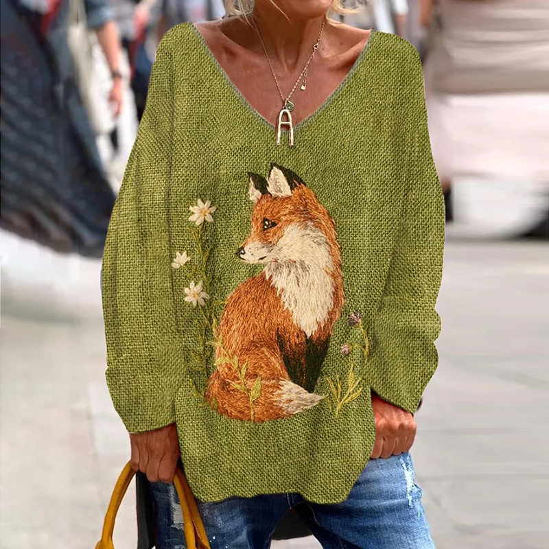 Vintage Casual Fox Print Long Sleeve T-Shirt artswardrobe