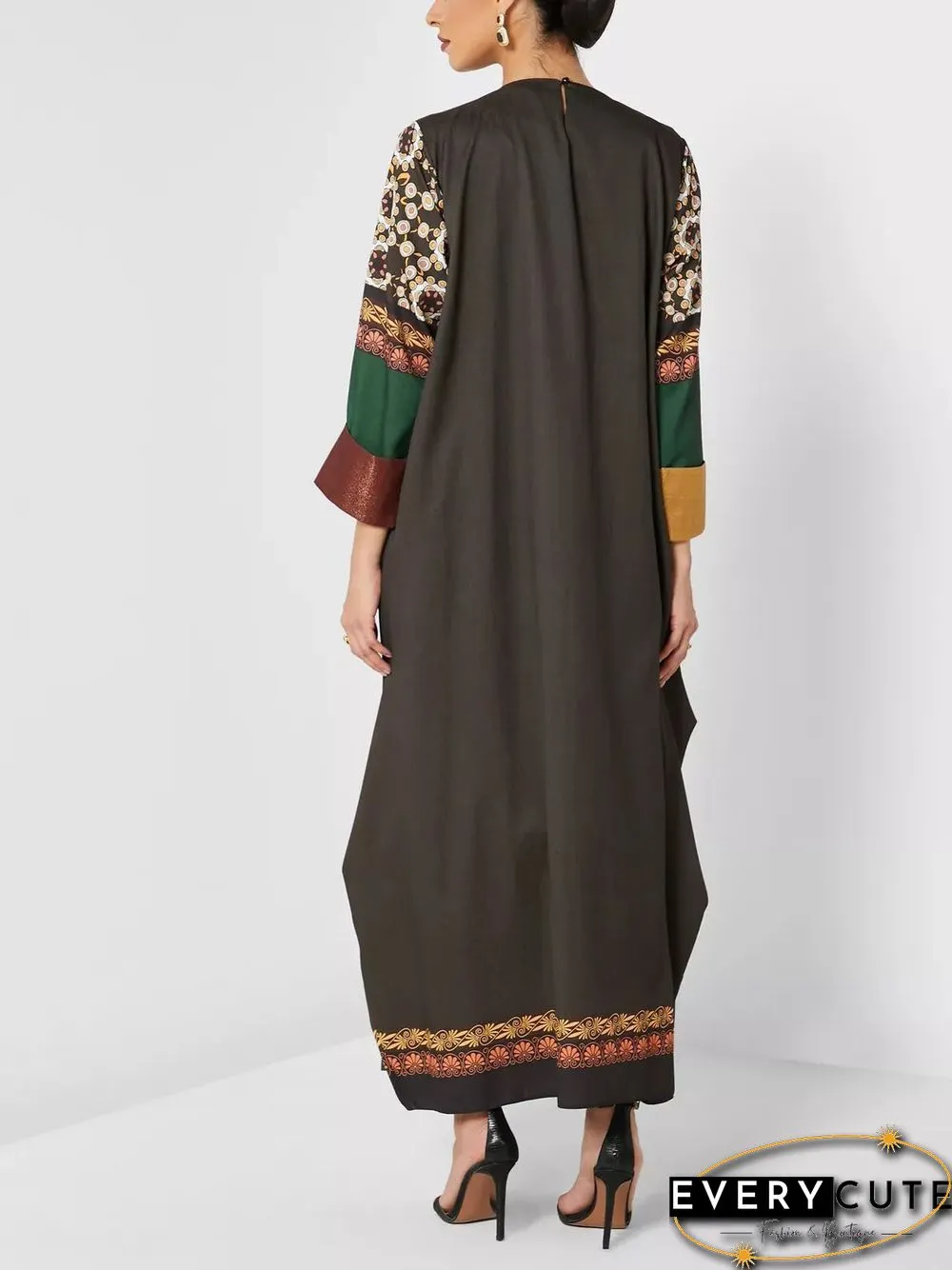 Pleated Round Neck Printed Long Sleeve Maxi Dress