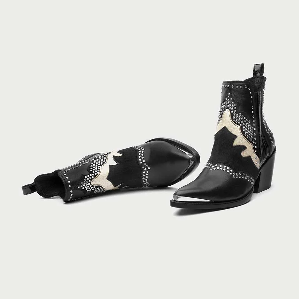 Black Vegan Leather Pointed Toe Chunky Heel Stud Cowgirl Ankle Boots