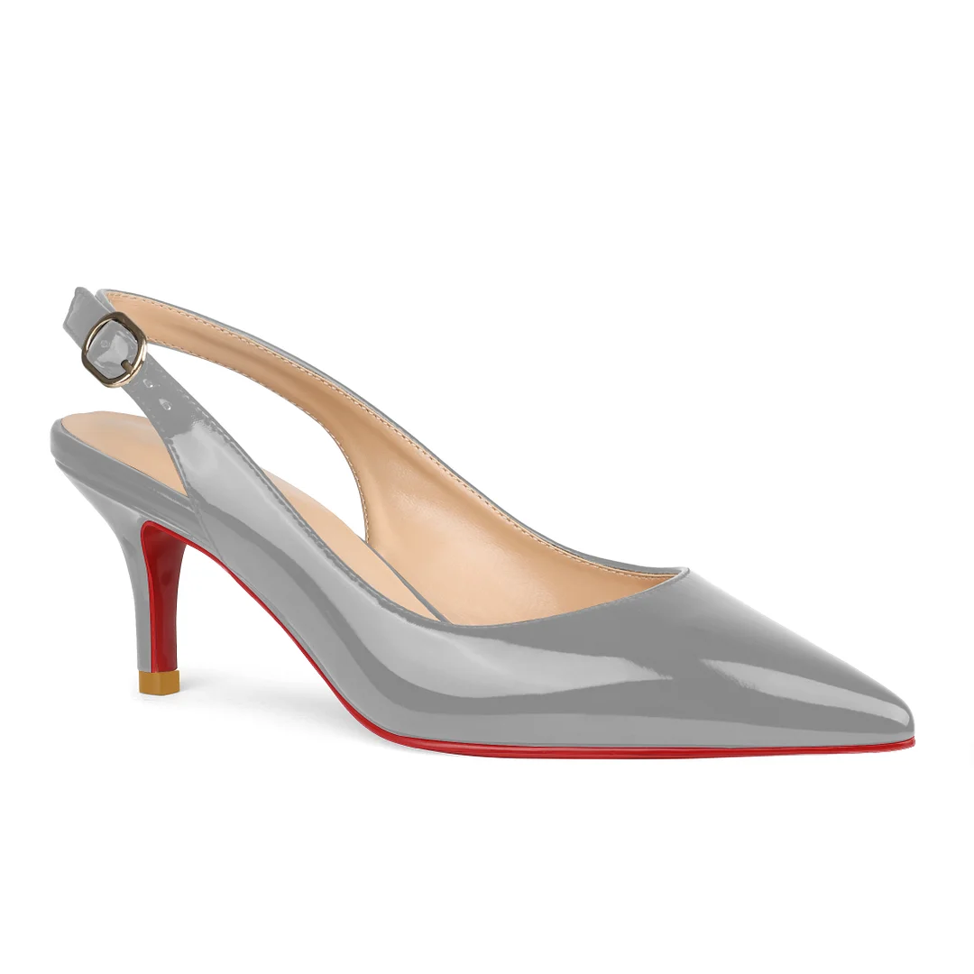 2.36" Women's Pointed Toe Slingback Red Bottom Shoes Kitten Heel Pumps Patent-MERUMOTE