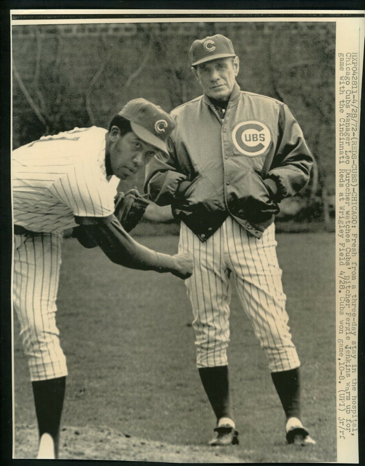 Leo Durocher & Fergie Jenkins 1972 Press Photo Poster painting Chicago Cubs COA Chicago Tribune