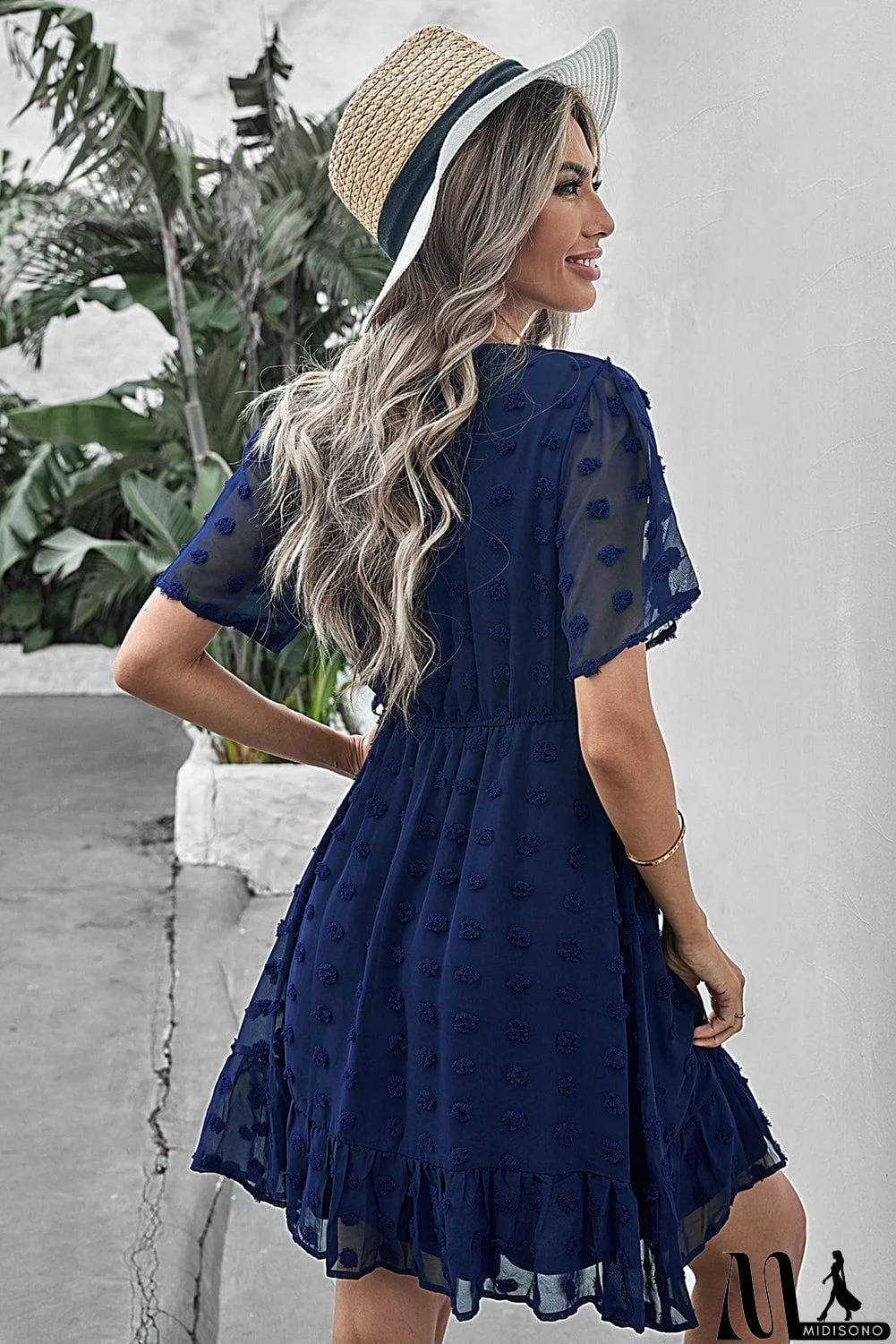 MidiSono - Wrap V Neck Swiss Dot Mini Dress with Ruffles