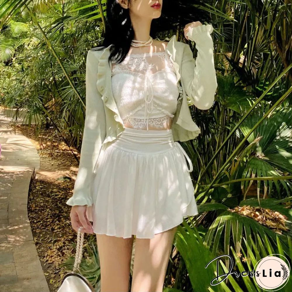White fluffy mini skirt women kawaii drawstring pleated a-line short cute high waist