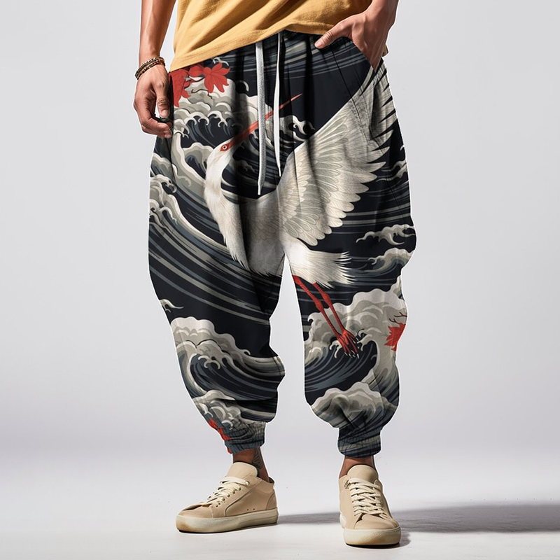 Vintage Crane All Over Japanese Art Print Pattern Casual Loose Drawstring Waist Sweatpants wearshes