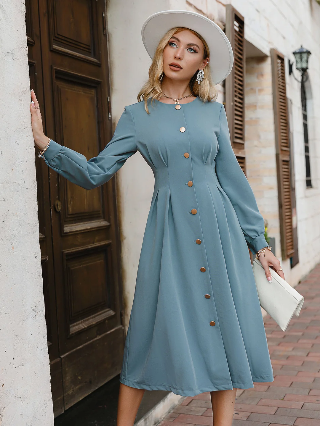Simplee Vintage A-line buttons women dress autumn Elegant o-neck blue midi dresses Office lady female long sleeves solid vestido