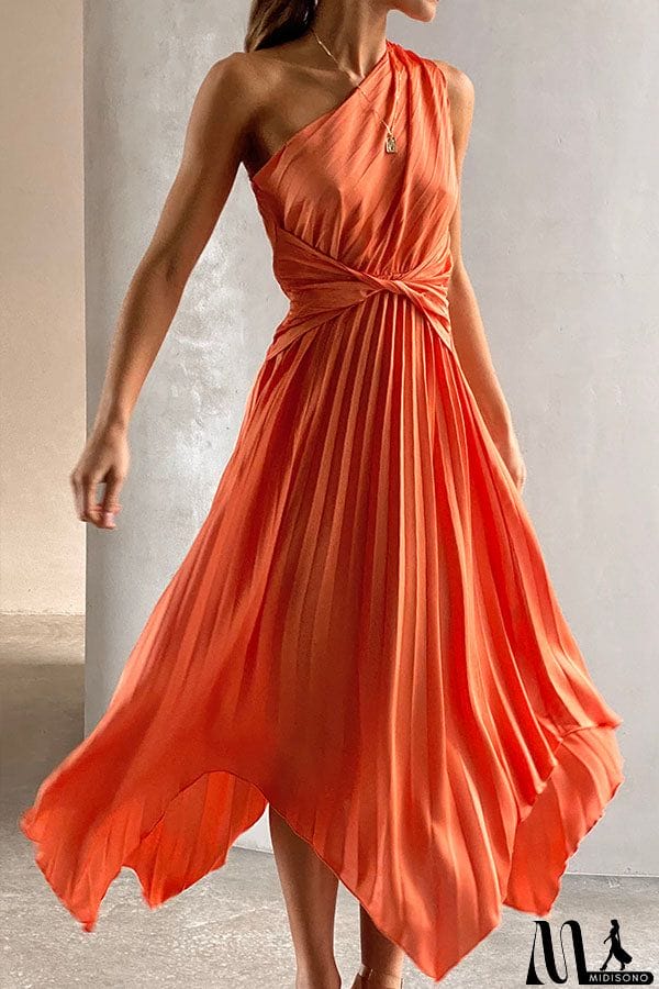 MidiSono - Satin One Shoulder Pleated Midi Dress