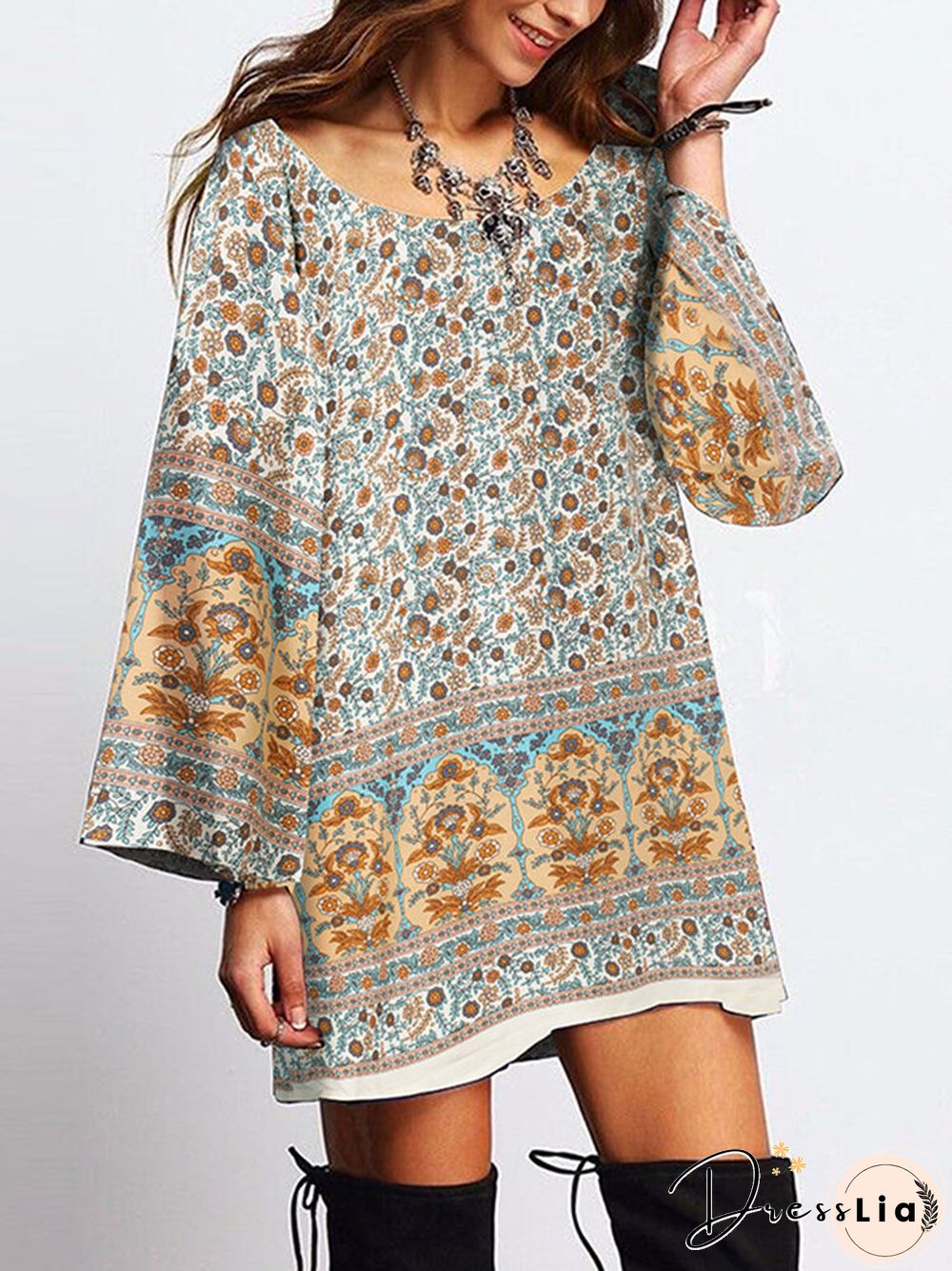 Floral Print Bohemian Long Sleeve Crew Neck Dress For Women