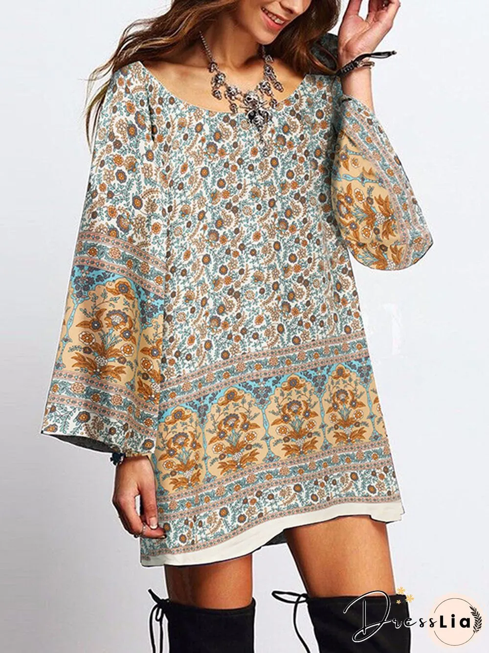 Floral Print Bohemian Long Sleeve Crew Neck Dress For Women