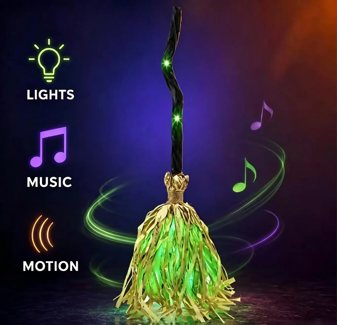 Light Up Halloween Witch Broom 35 Inch, Bendable Glowing Witch Broomstick, Battery Powered Costume Prop for Halloween Cosplay Party Yard Decor Party Decor Supplies Party Decor Design Party Atmosphere Props Scene Decorations